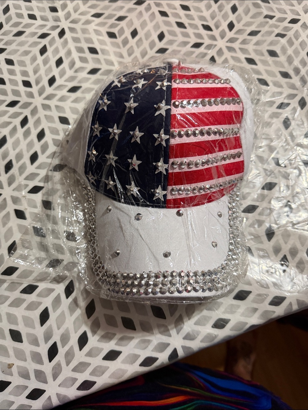 Crystal Studded American Flag Baseball Cap - White/Red/Blue